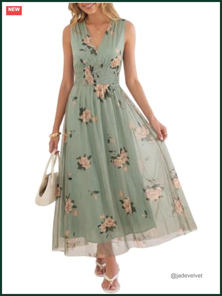 Floral Tulle V-Neck Maxi Dress, A-Line Elastic Waist, Sleeveless, 100% Polyester